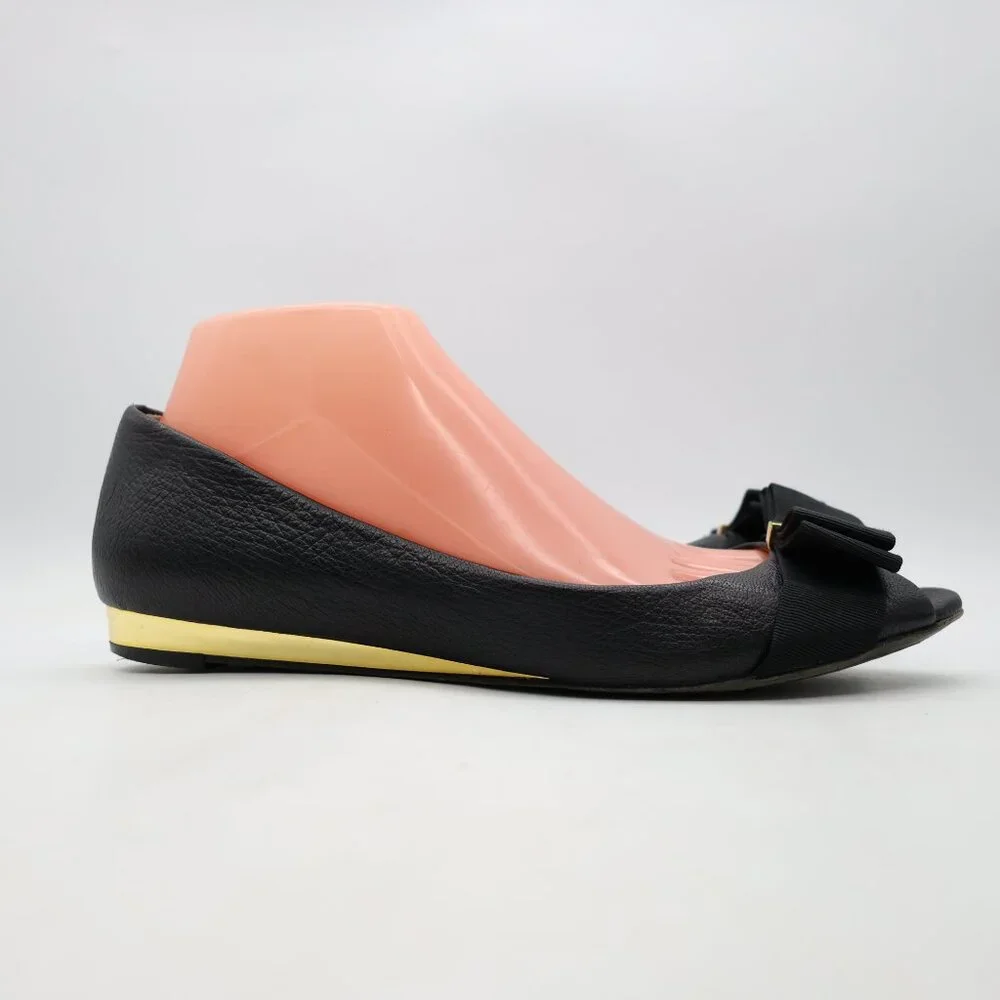 Tory Burch Black Leather Peep Toe Women's Size 9 Bow Flats Slip On